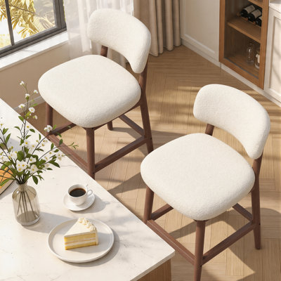 Boucle Upholstered Counter Height Bar Stools with Solid Wood Legs