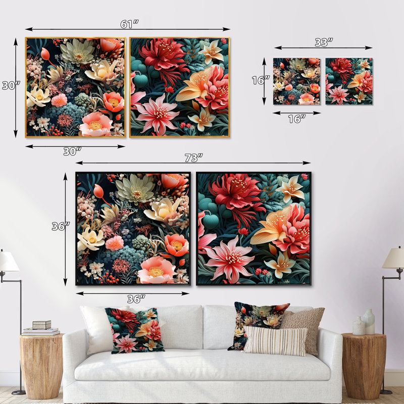 Northledge - Ensemble de 2 collages carrés floraux, Cadre flottant noir, H 30 po x l 61 po