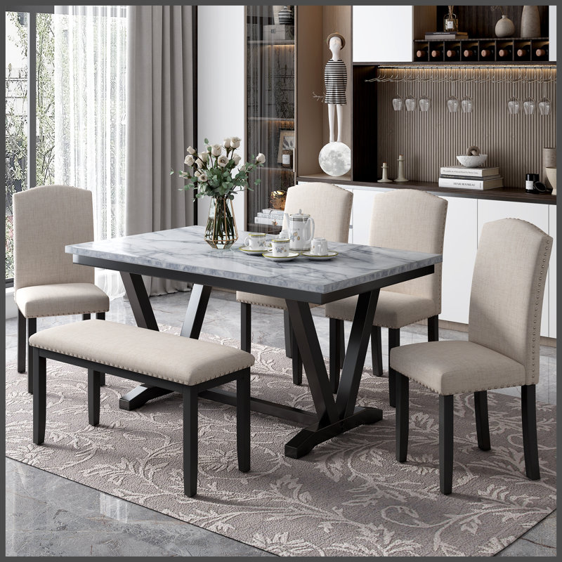 Table de salle à manger de style moderne 6 pièces avec 4 chaises et 1 banc, table avec placages marbrés et pieds en V (blanc)