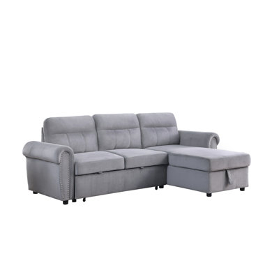 Ashton 96.5" Gray Velvet Fabric Reversible Sleeper Sectional Sofa Chaise