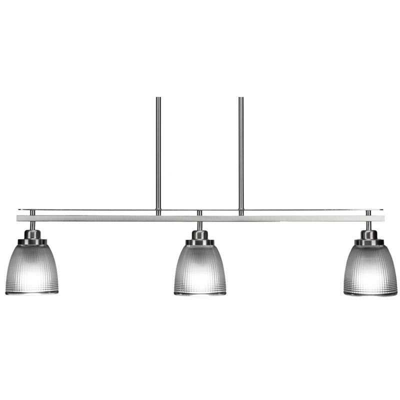 Agnon 3 Light Island Light Shown With 5" Clear Ribbed Glass, Nickel brossé