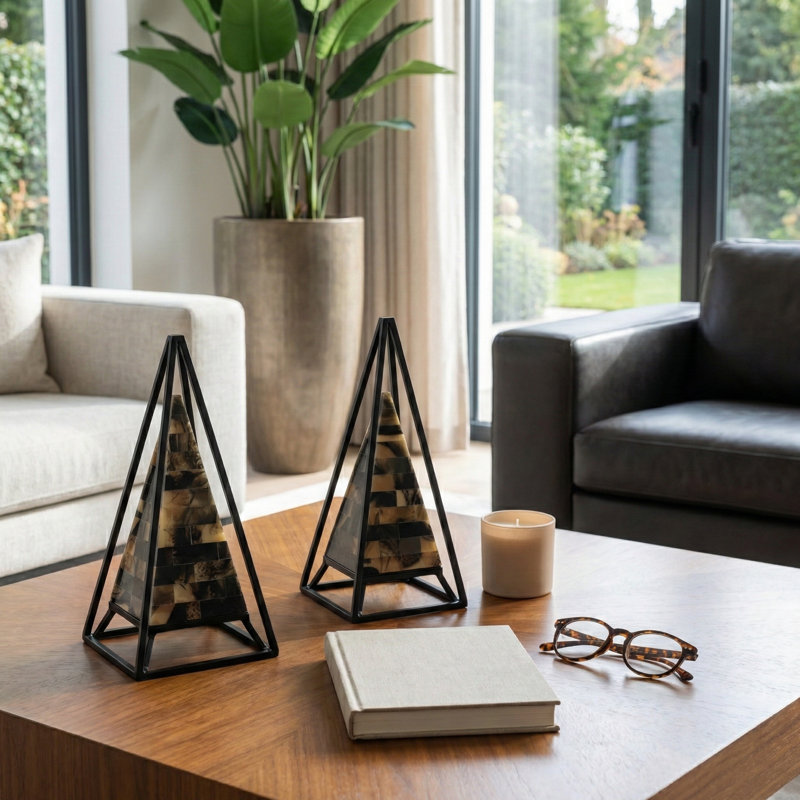 Sculpture moderne en résine pyramidale avec cadre en fer pour la décoration intérieure - Décoration pour salon - ensemble de 2, 13 po, 12 po, brun clair et noir