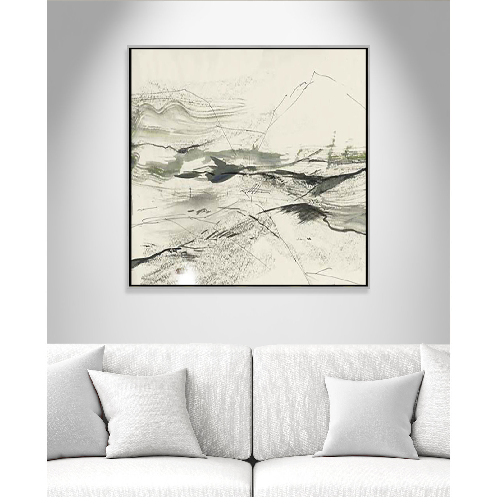 Green Sketches Print, 37.5" H x 37.5" W x 2" D, Silver Floater Framed