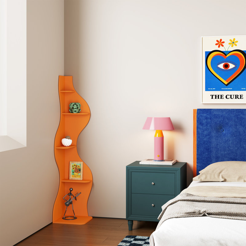 Corner Bookshelf, 5 Tier Modern Wall Shelf Bookcase Small Storage Rack Stylish Accent Wavy For Small Space, Plant Stand, Orange