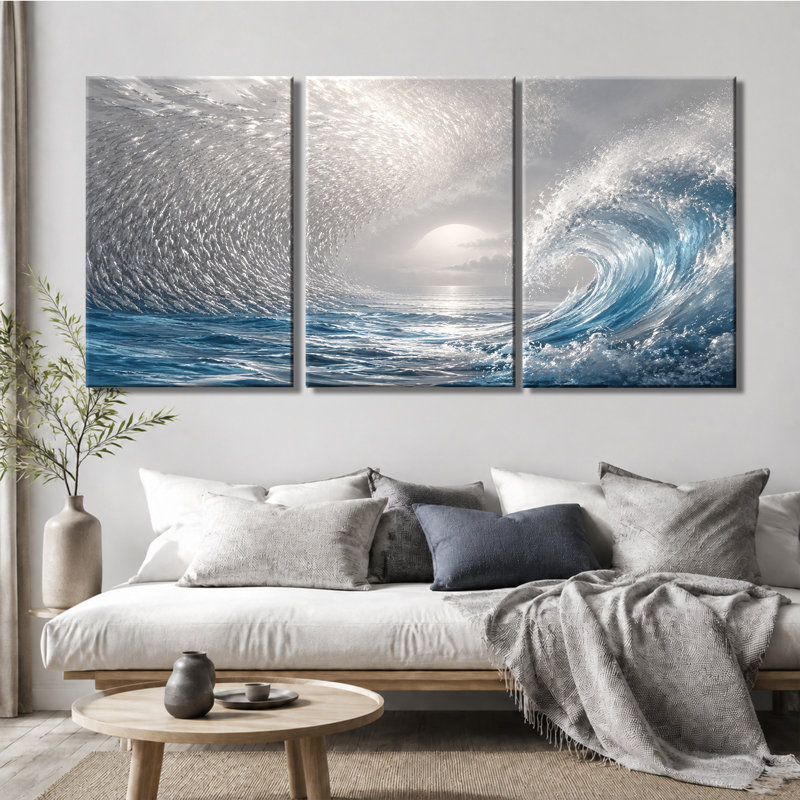 Tableau en 3 panneaux représentant un banc de poissons et une vague océanique, imprimé sur une toile tendue pour le salon