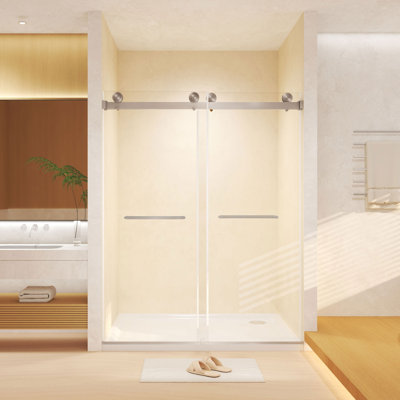 Frameless Double Sliding Shower Door 44-48 "W X 74" H, 5/16 "(8Mm) Tempered Glass, Explosion Proof Film, Stainless Steel Handle, Square Tube Track, Brushed Nickel