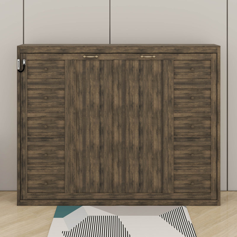 Lit escamotable avec lumière DEL, peut être plié dans une armoire, armoire murale cachée, Lit double, Brun