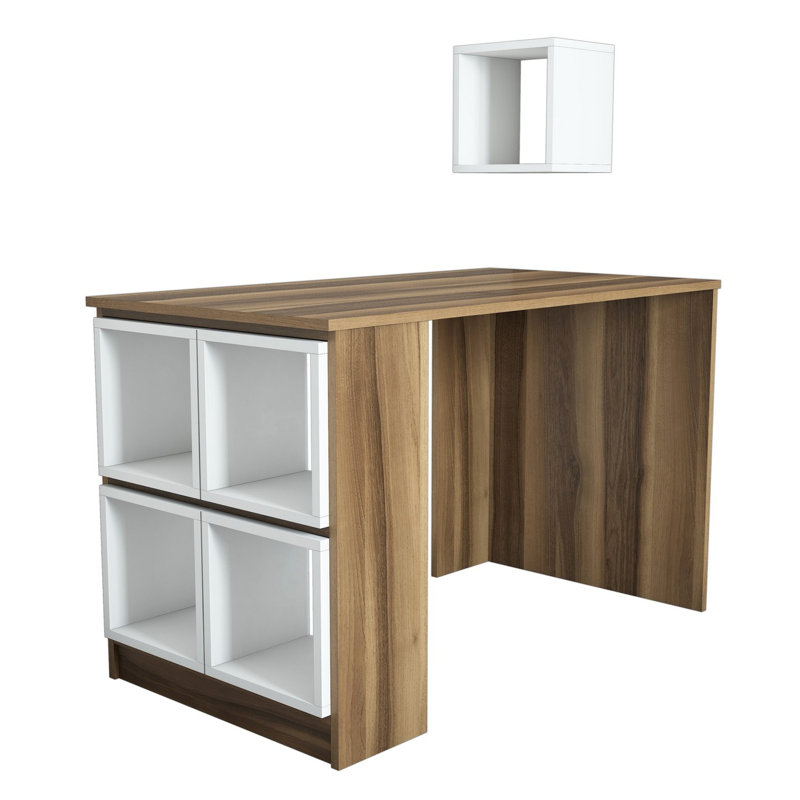 Modern Study Desk with Wall Shelf, Walnut & White, 47.2 x 29.5 x 25.6 Inches | 100% Melamine Coated Particle Board, Thickness: 0.7 Inches | Multiple Shelves, Space-Saving, Stylish Design for Home Office & Study Spaces