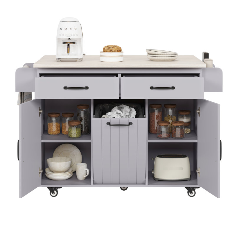 Classic Kitchen Island With 9 Trash Can Capacity, Drop Leaf, Spice Shelf, Towel Rack, Removable Shelves, Grey Finish In Grey, Can, Shelves
