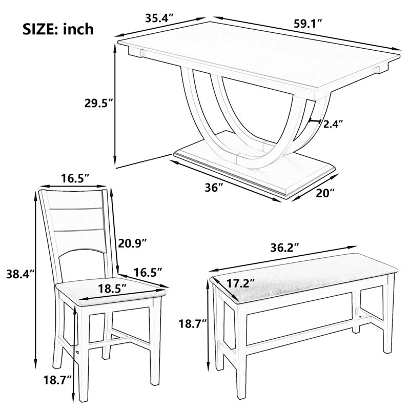 Ensemble de table de salle à manger semi-ronde en bois 6 pièces avec grand banc et 4 chaises de salle à manger de style moderne TopMAX, Seadrift