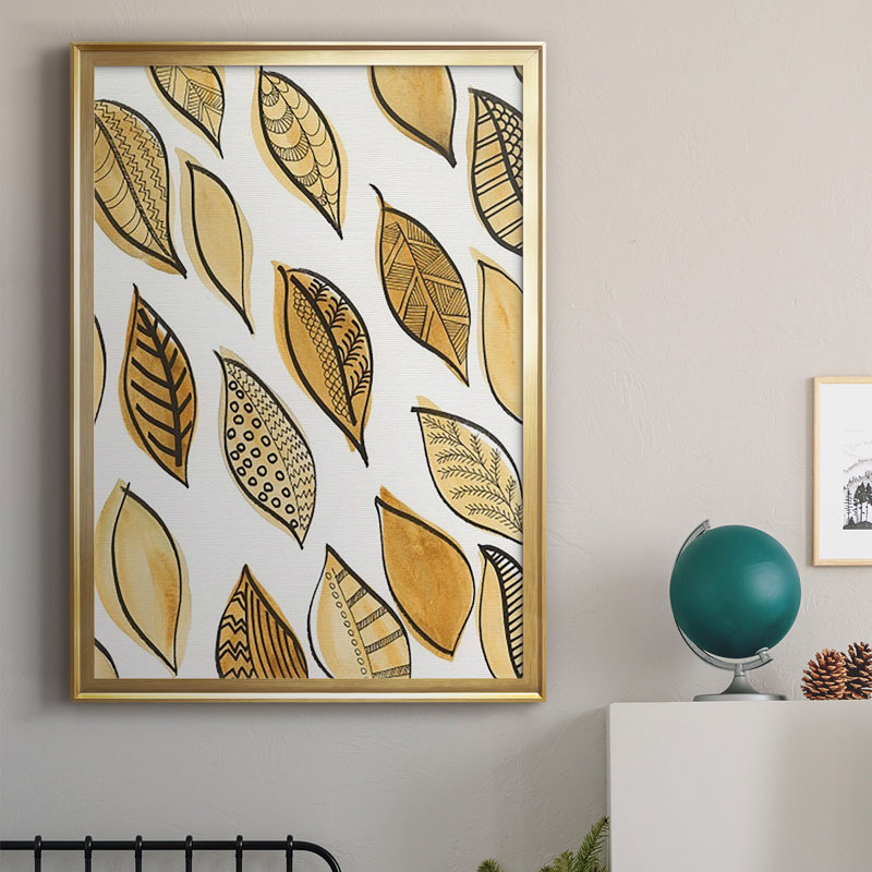 Motif de feuilles à motif II encadré sur papier, Or, H 30,5 po x l 22,5 po x P 1 po