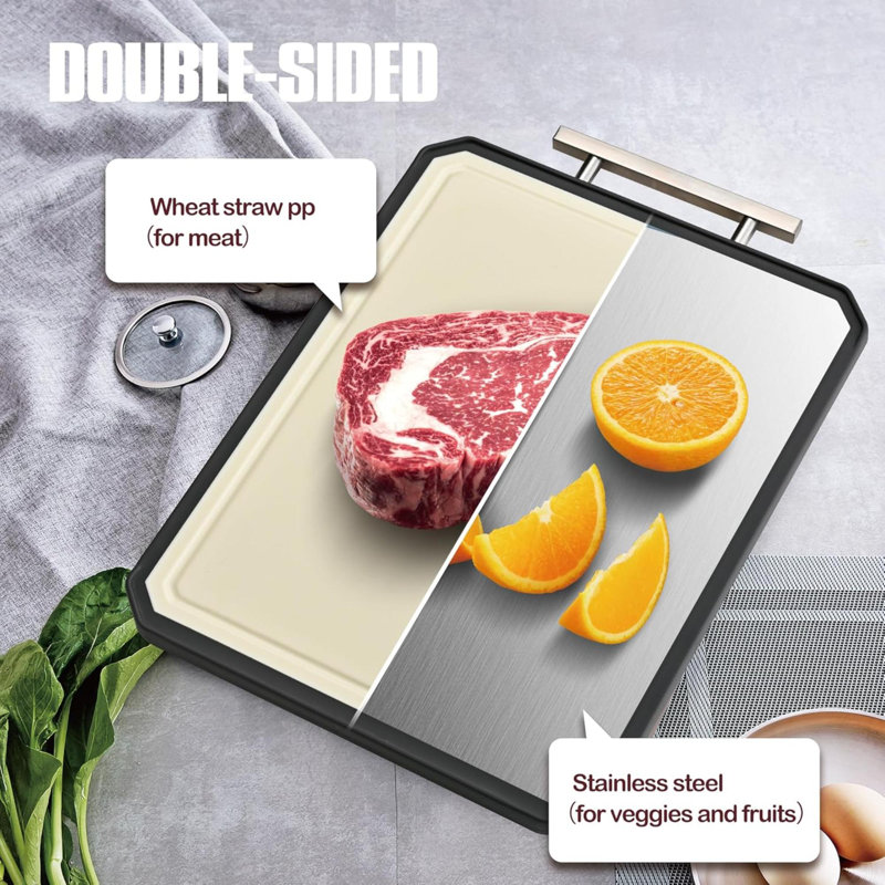 Planche à découper en acier inoxydable SNOWCLAD, ensemble de planches à découper en acier double face pour la cuisine, paille en acier inoxydable / paille de blé grand pour la viande, va au lave-vaisselle