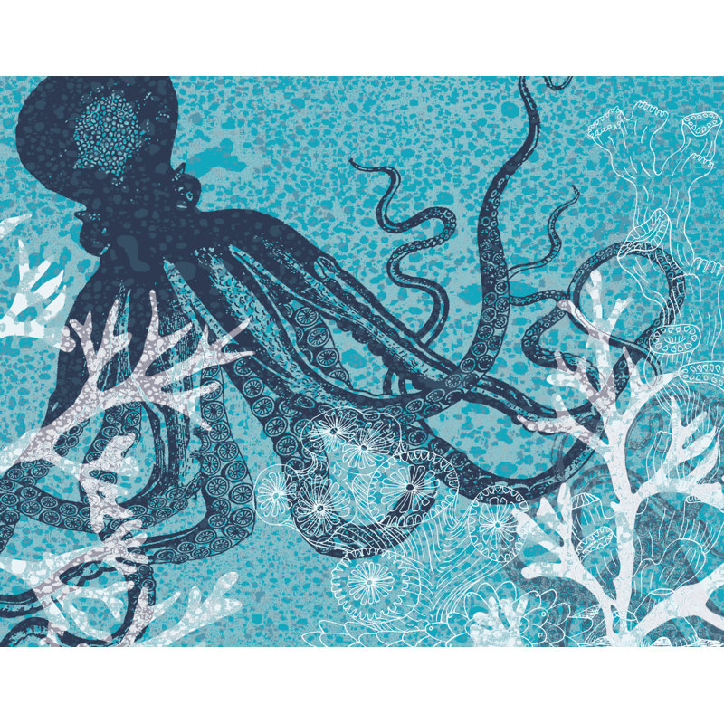 Octopus Swim Lid - Painting Print, 51 cm H x 76 cm W, Black Floater Framed