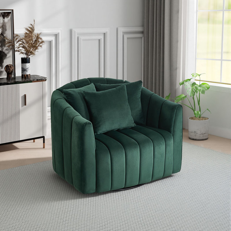 Modern Velvet Upholstered Swivel Barrel Armchair With Three Pillows, Green