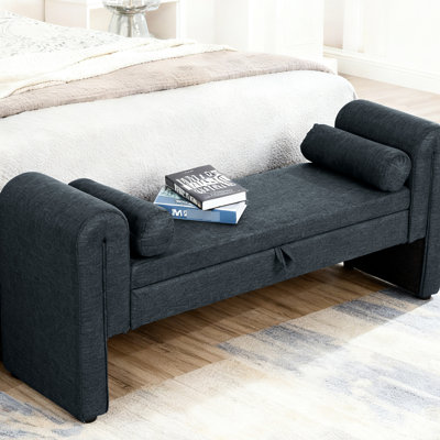 Banc contemporain bleu foncé de 60 pouces avec rangement, parfait pour les couloirs et les chambres à coucher, banc de rangement rembourré en velours, grand confort pour plusieurs personnes, design moderne, espaces d'activité idéaux