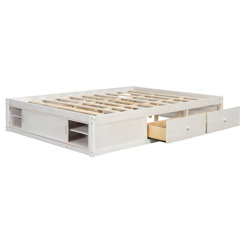 Lit plateforme avec rangement en bois massif blanc antique et peu encombrant