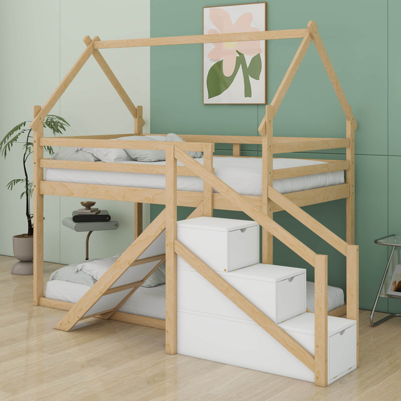 Lit superposé simple au-dessus de simple avec glissade et escalier, structure de lit mezzanine / lit superposé en bois avec rangement