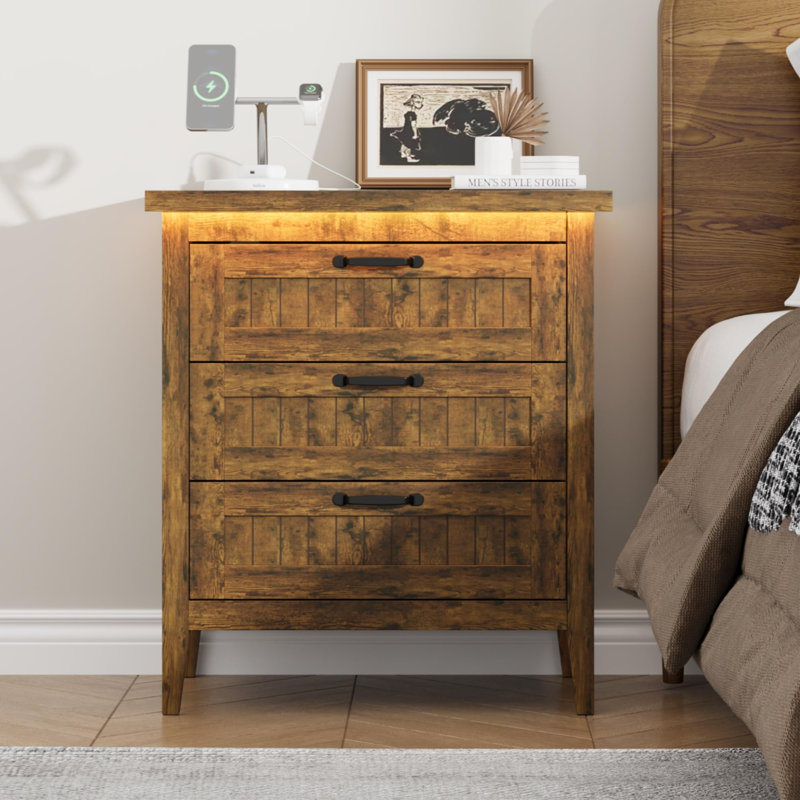 Farmhouse Drawer Dresser with Charging Station & LED Lights, Slim Wooden Bedroom Dresser, Brown/3 draws