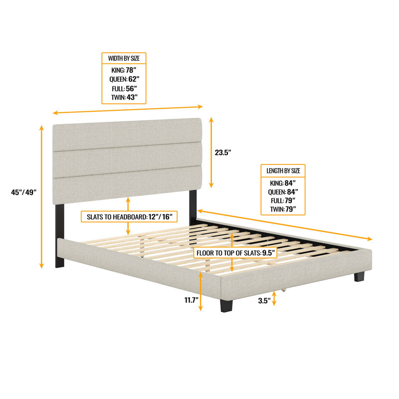Sicily Full Upholstered Linen Platform Bed with Tufted Headboard