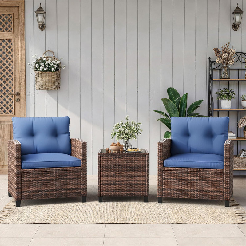 3 Piece Patio Furniture Set, PE Rattan Chairs, Glass Table, Wicker Set for Balcony Garden, Brown Blue, Blue, Brown