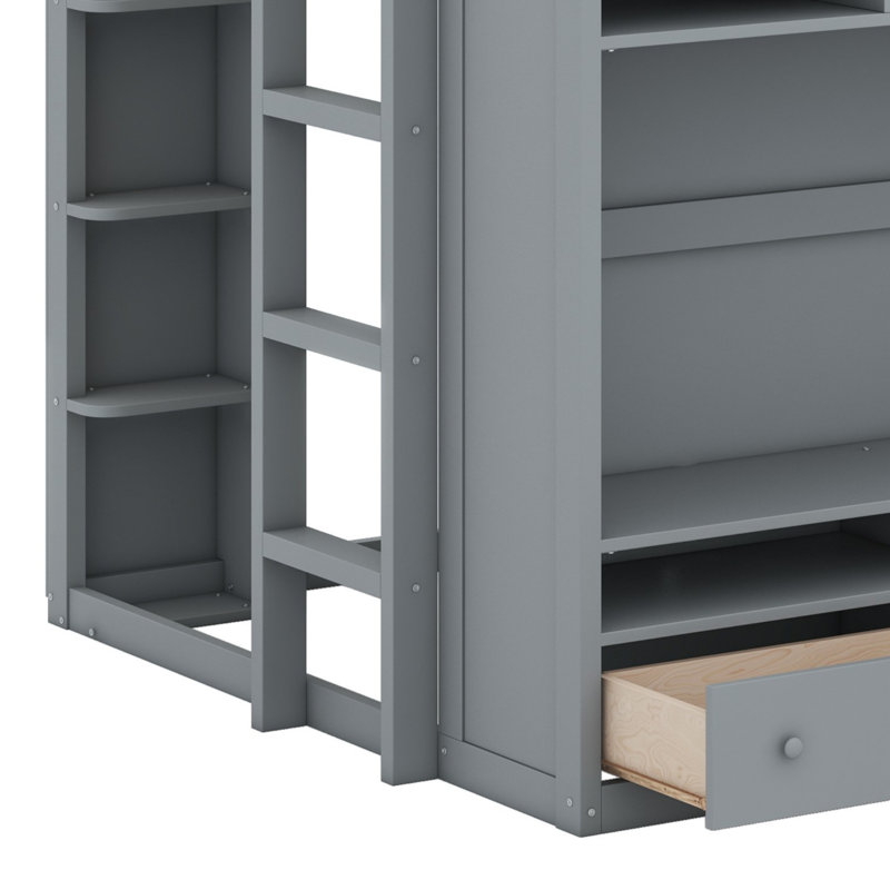 Loft Bed With Drawers, Shelves And Light, Gris