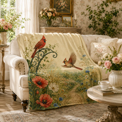 Cottage Garden Cardinal Throw Blanket, Red Birds Above Wildflowers and Winding Path, Flannel Layer for Sofa, Bedroom and Cozy Rustic Retreats, 50 x 60 in