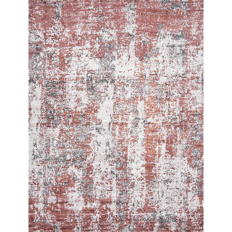Tapis rectangulaire en viscose noué à la main en rouge / blanc / gris, Rectangle 8 pi x 10 pi