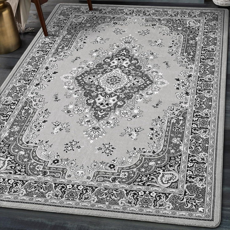 Delcine Washable Floral Indoor Rug, Gray, Rectangle 4' x 6'