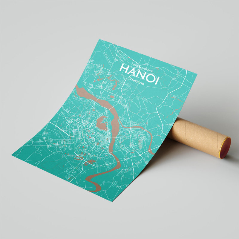 Hanoi, carte de la ville, impression, H 17 po x l 11 po, Vert / Brun