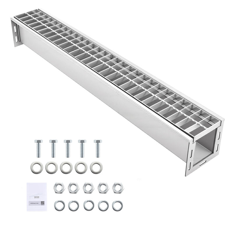 Trench Drain, 39.3 x 5.8 x 5.5 in, Linear Drainage Channel with Galvanized Steel Grate, 304 Stainless Steel Channel Drain, Outdoor Drainage System for Driveway, Patio, Pool, Garden, Silver