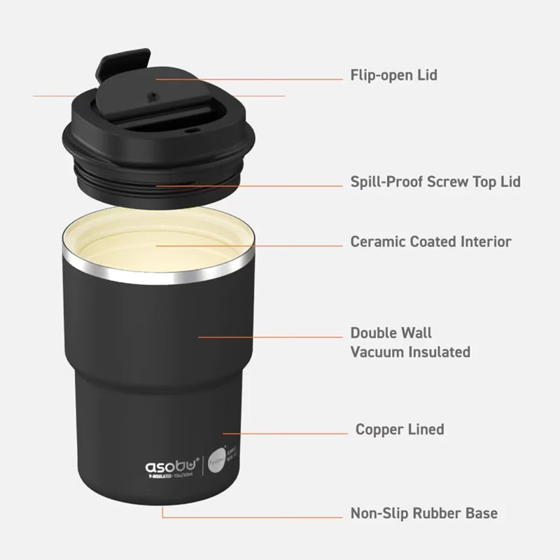 Asobu 355ml Double Wall Insulated Stainless Steel Travel Mug, Black