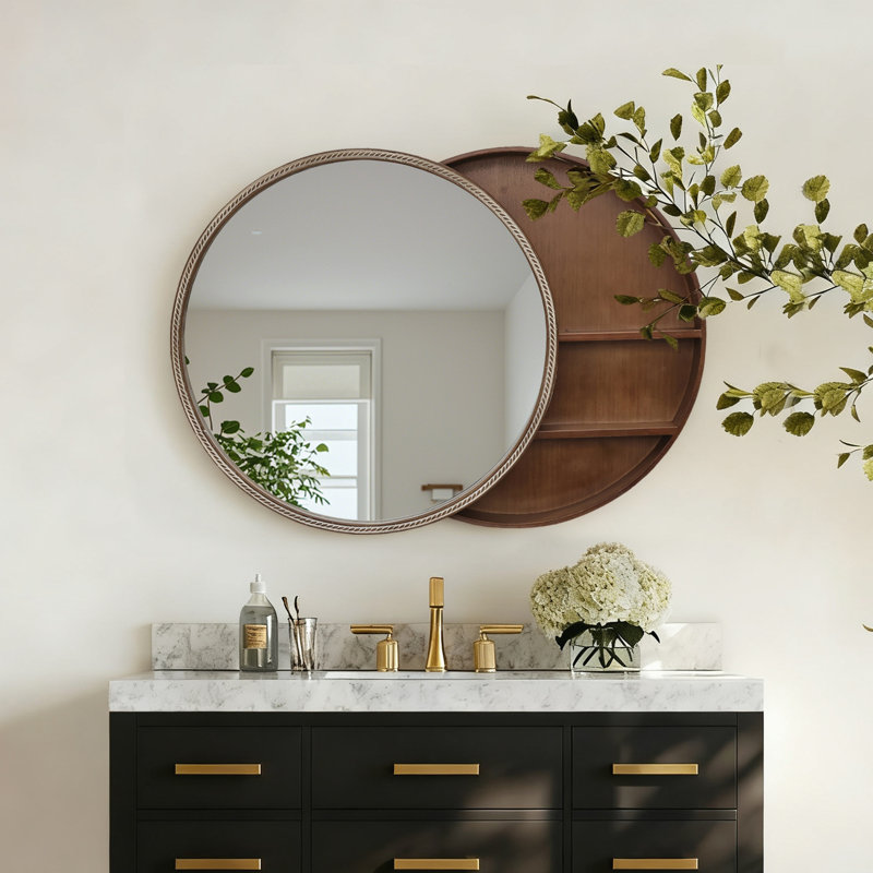 Miroir mural coulissant 23,62 "avec tablettes de rangement - Armoire d'appoint en bois à 2 niveaux