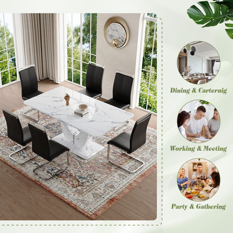 Dining Table Set, White Marble, 7 pieces, Black/Silver