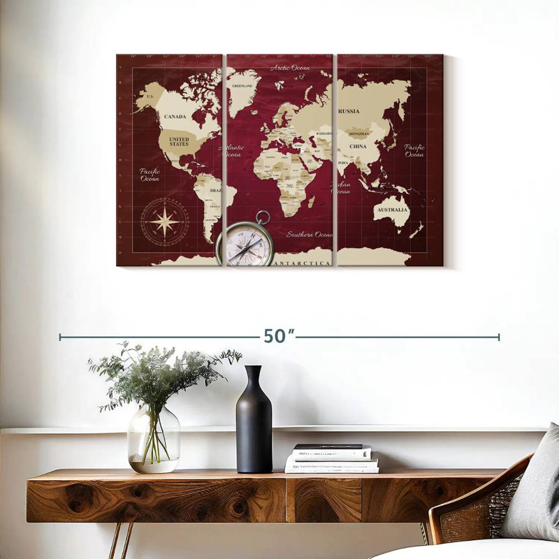 Aliaz Red Longitude World Map, 24" H x 38" W
