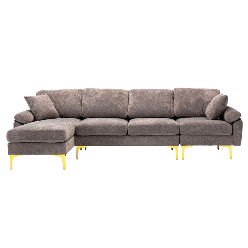 U-Shape Sectional Sofa  With Ottoman, Gray Velvet