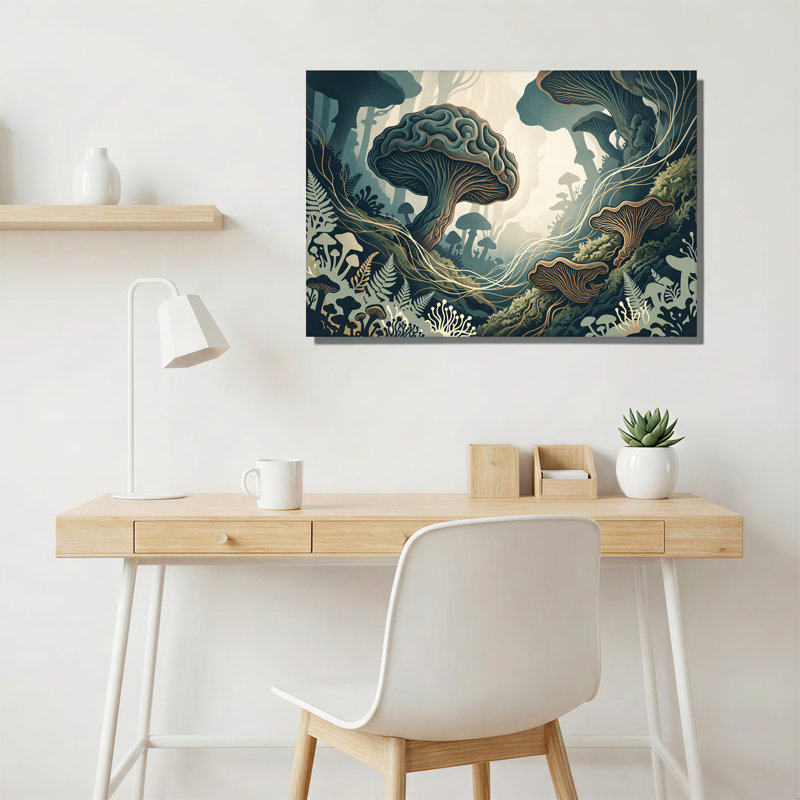 «Teal Mushroom and Ferns in Misty Forest Landscape», art mural sur toile, H 32 po x l 48 po
