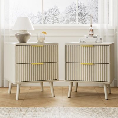 Fluted Nightstand With Curved Profile Design, 2-Drawer End Table, Bedside Table For Bedroom, Living Room