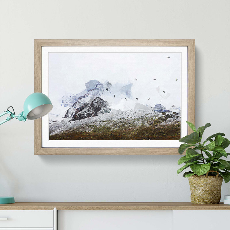 The Swiss Alps with a Flock of Birds in Abstract - Picture Frame Graphic Art Print, Oak, 40cm H x 60cm W x 2cm D