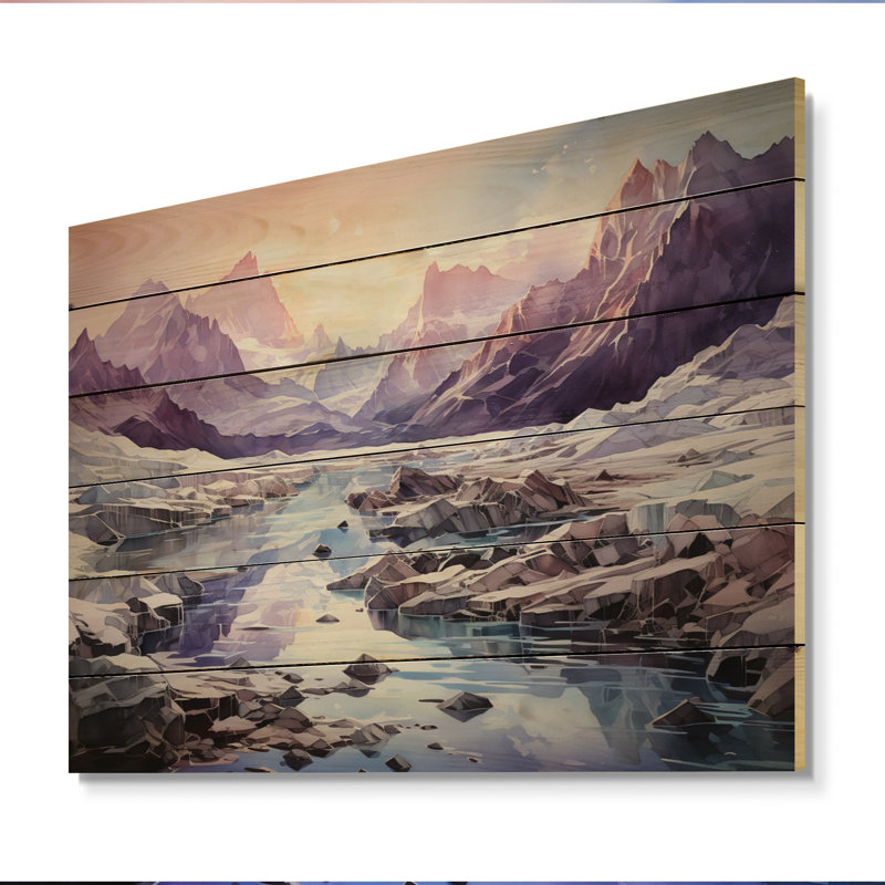 Impression glaciaire mauve glacier sur bois, H 24 po x l 32 po x P 0,78 po