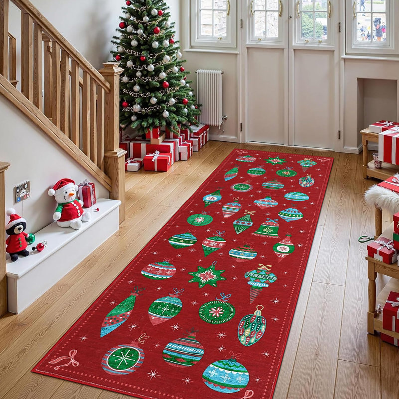 2x8ft Washable Christmas Ball Print Accent Rug w/ Non-Slip Backing,Stain-Resistant Low Pile Xmas Holiday Carpet