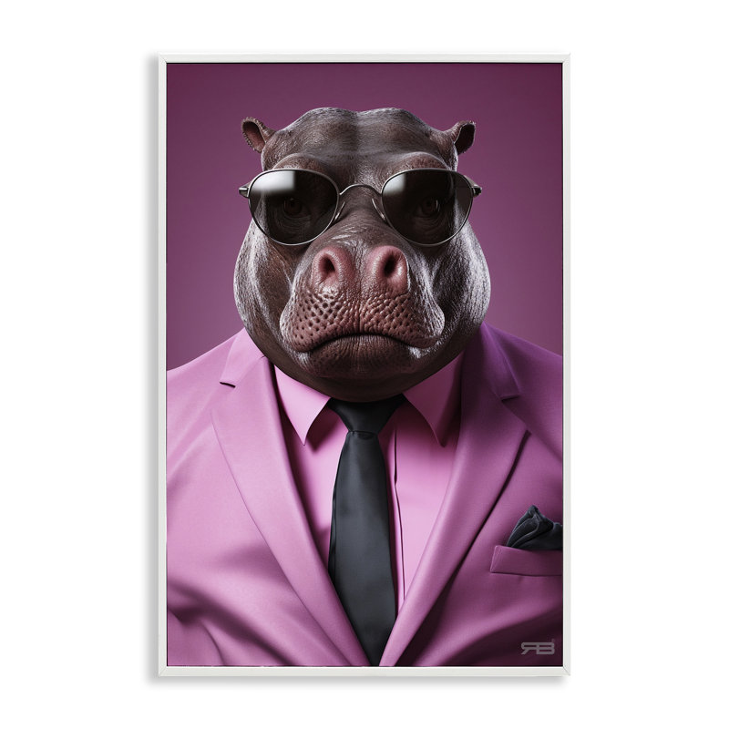 Hippopotame mauve fort, estampe numérique par Roozbeh Bahramali, Estampe numérique encadrée blanc bord de mer
