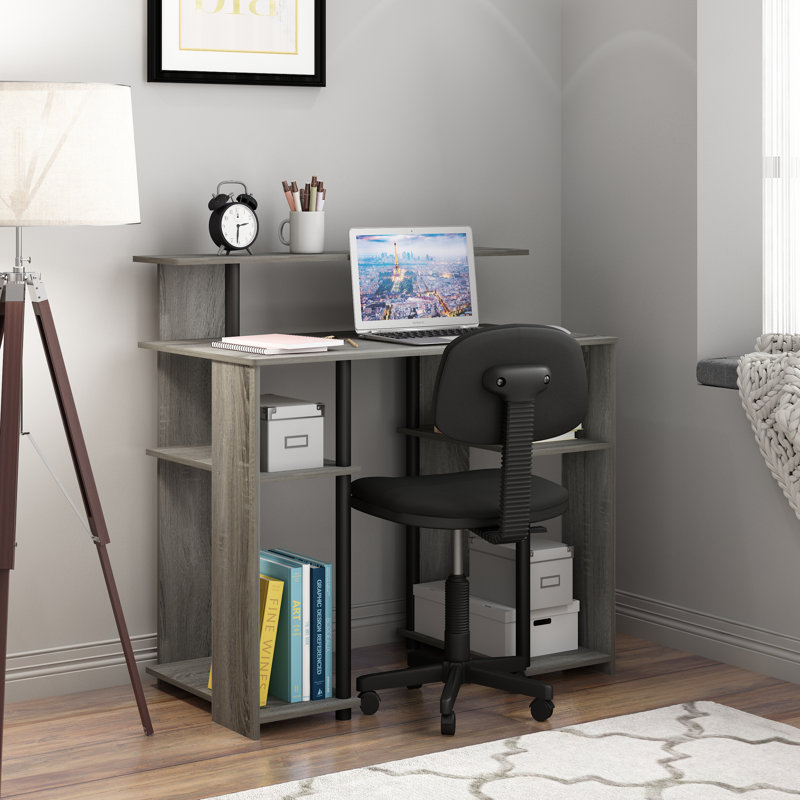 Bozidar Computer Desk, White Oak/Stainless Steel, 90" H x 90" W x 48" D