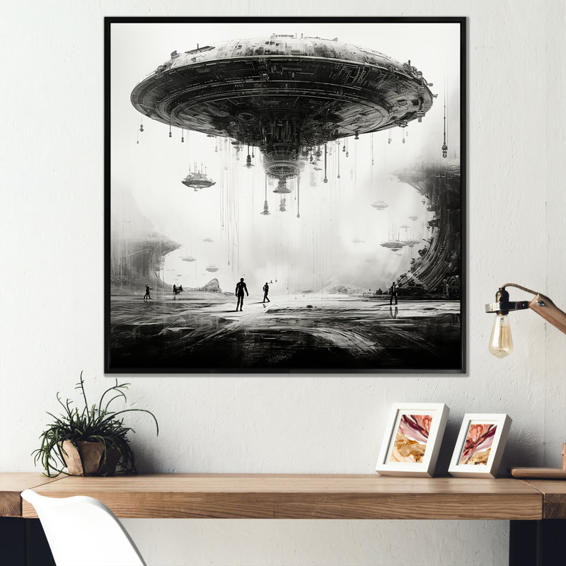«Minimalisme Sci Fi Ufo I» sur toile, Cadre flottant noir, H 36 po x l 36 po x P 1,5 po