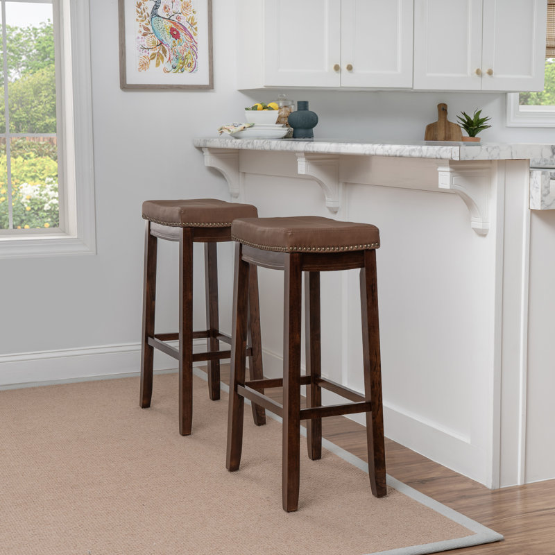 Bartonville Counter & Bar Solid Wood Backless Stool with Upholstered Seat, Bar Stool (32.25" Seat Height)