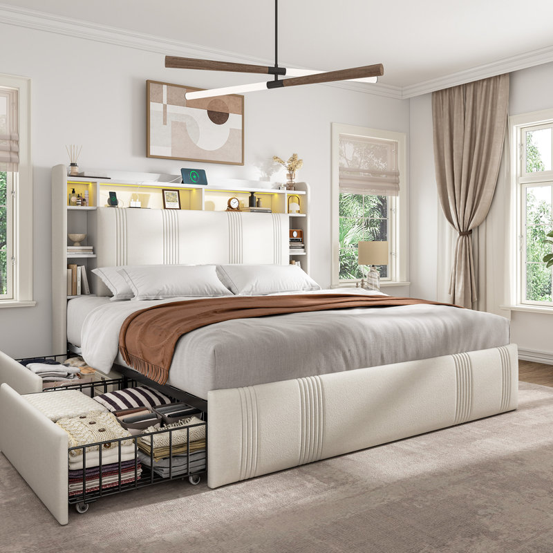 Upholstered Bed Frame With Headboard And Led Lights, Storage Bed With 4  Drawers And Open Shelves, Led Bed With Charging Station