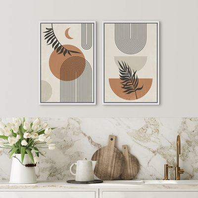 " Mid Century Modern Abstract Lines Botianical Leaf " 2 - Pieces on Canvas