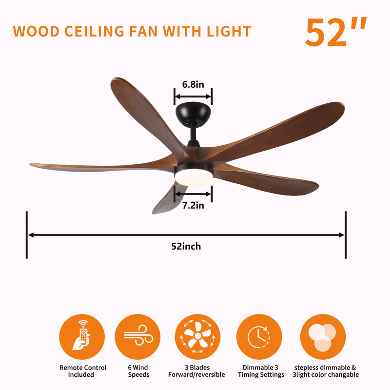Ventilateur de plafond 5 pales en bois massif 52 pouces