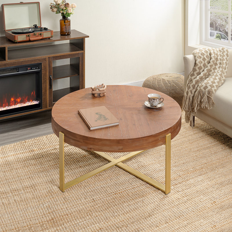 Table basse ronde en bois 33,86 po avec pieds en croix dorée, Doré