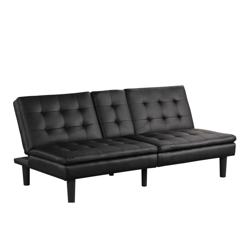 Contemporary Futon In Black With Biscuit Tufting, - A & C Chargers, Drop Down Table And Cup Holders, Easy Bed Conversion, 35.5"D Depth 2 Seat, 71.5"W X 32"H