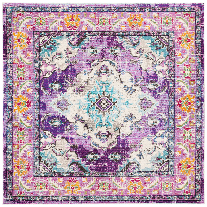 Almyra Oriental Area Rug, Square 9', Light Blue/Fuchsia